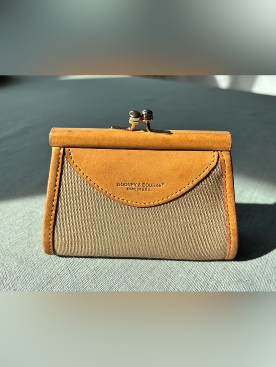 Dooney & Bourke Handbags - Vintage Dooney & Bourke Tan Vachetta Leather Trim Canvas Kiss-Lock Coin Purse
